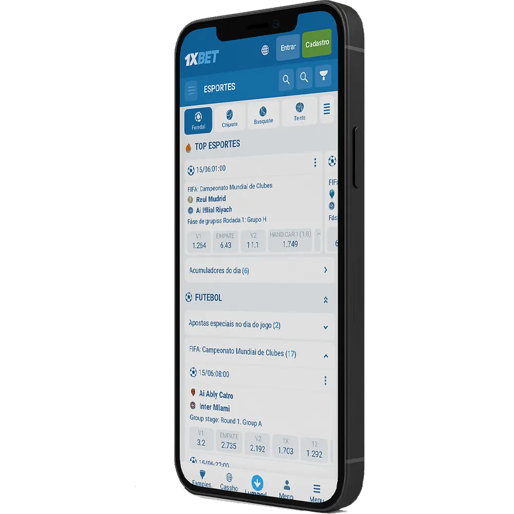 Aplicativo da 1xBet com apostas ao vivo em futebol